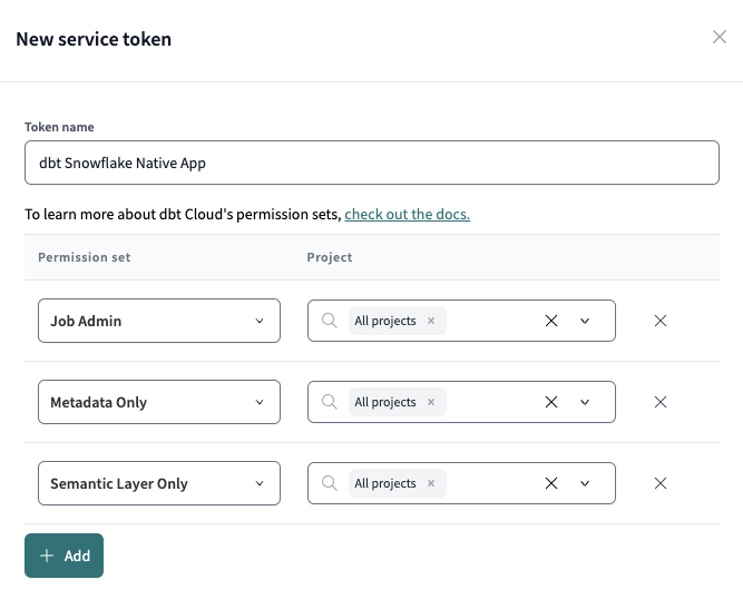 Example of a new service token for the dbt Snowflake Native App